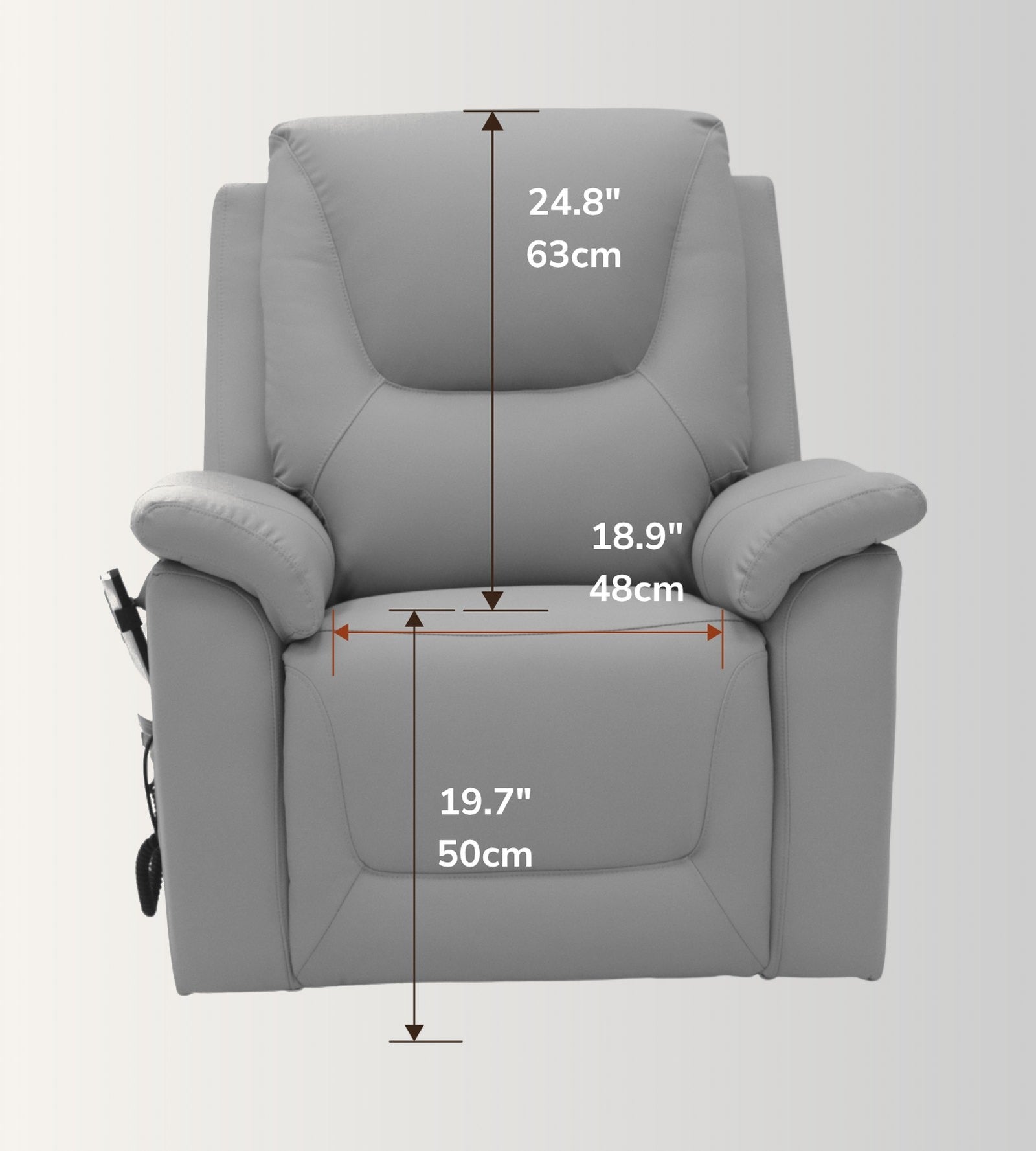 The NurtureLift™ Ascend seen from the front, with seat height, back height and seat width marked