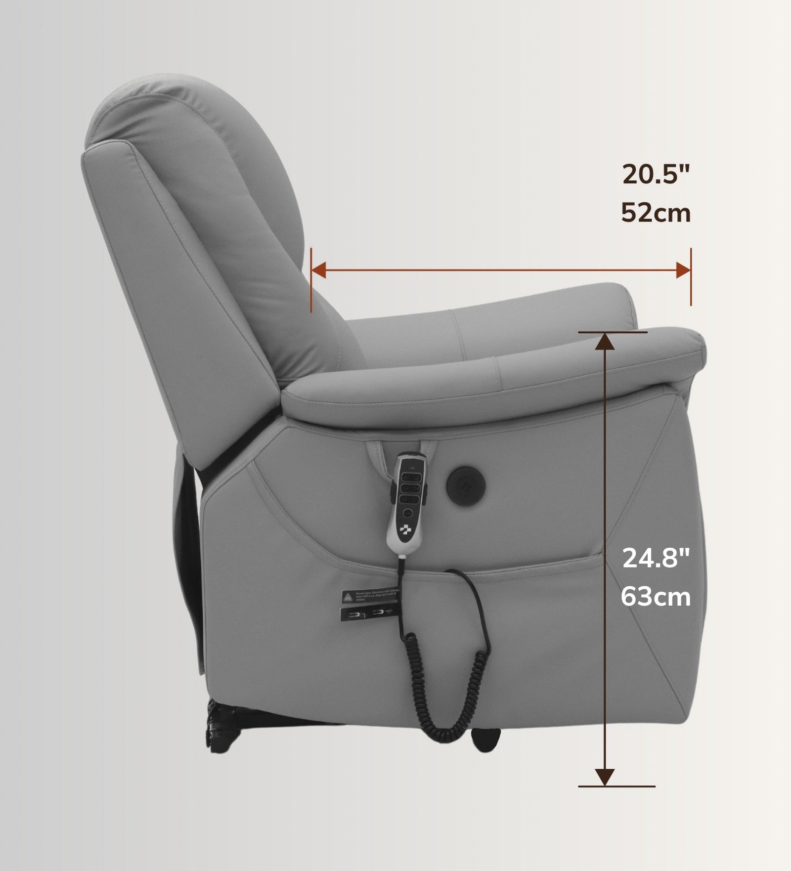The NurtureLift™ Ascend seen from the side, with seat depth and arm height marked