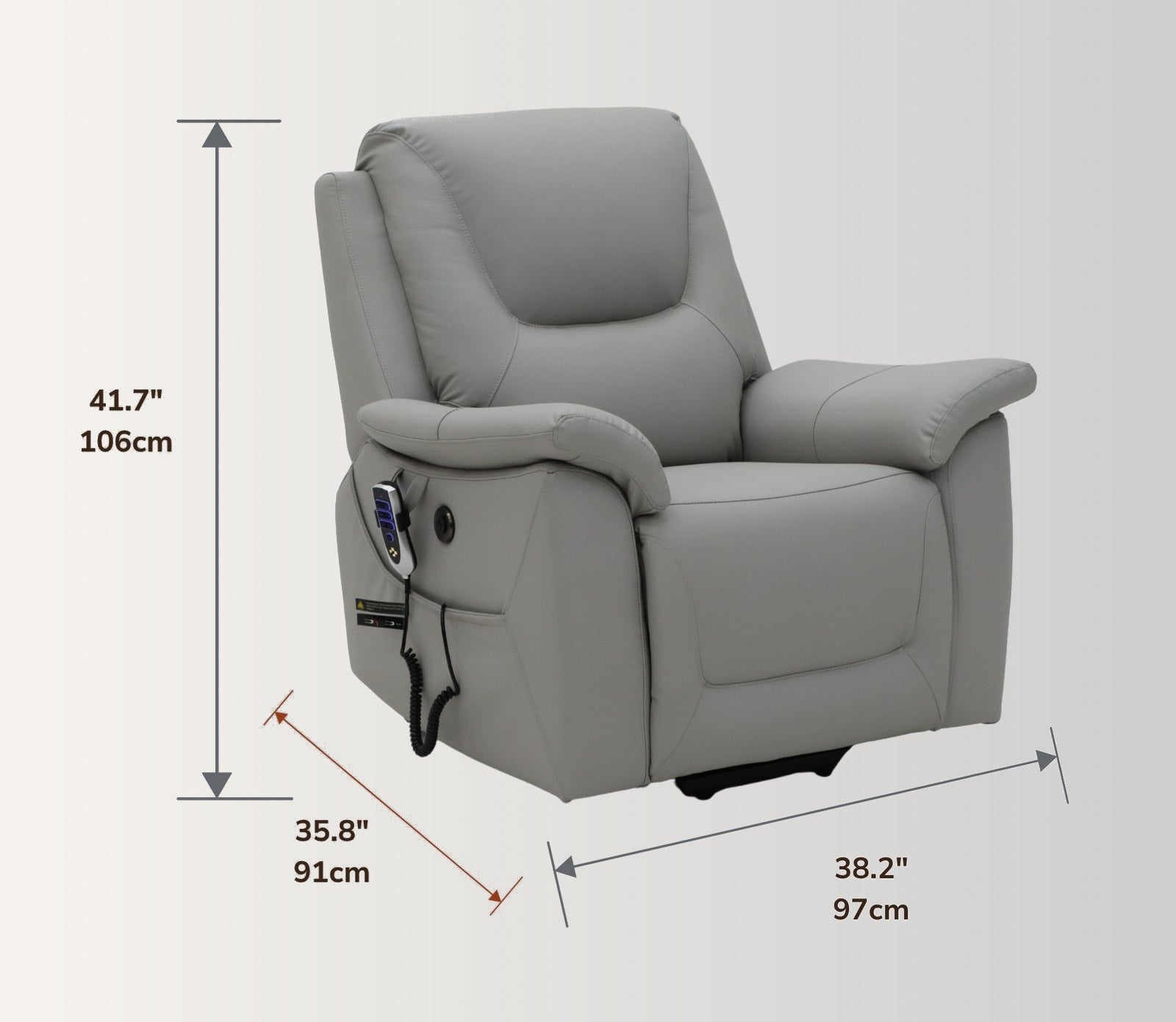 The NurtureLift™ Ascend at three-quarter view, with overall height, width and depth marked