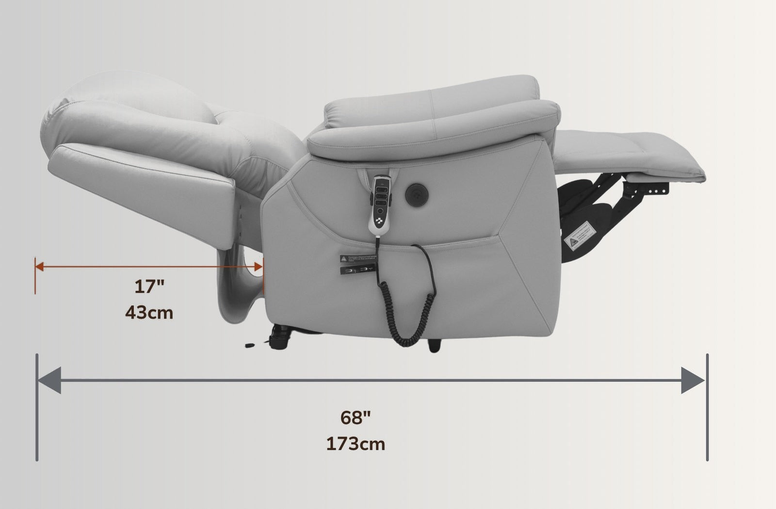 The NurtureLift™ Ascend fully reclined, with reclined length and wall clearance marked