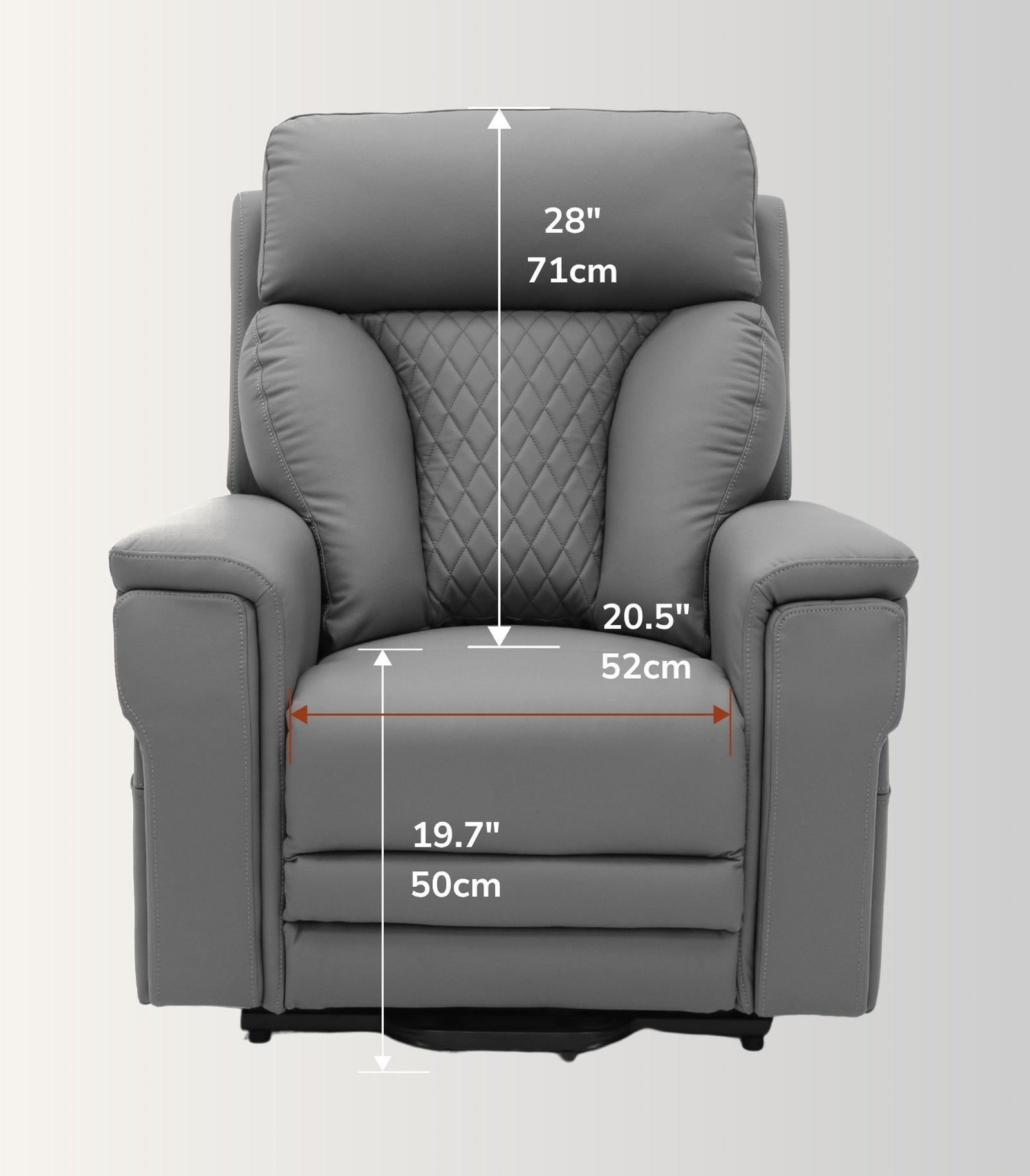 The NurtureLift™ Elevation seen from the front, with seat height, back height and seat width marked