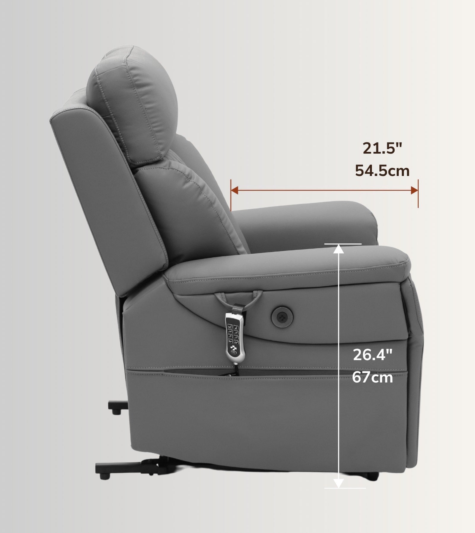 The NurtureLift™ Elevation seen from the side, with seat depth and arm height marked