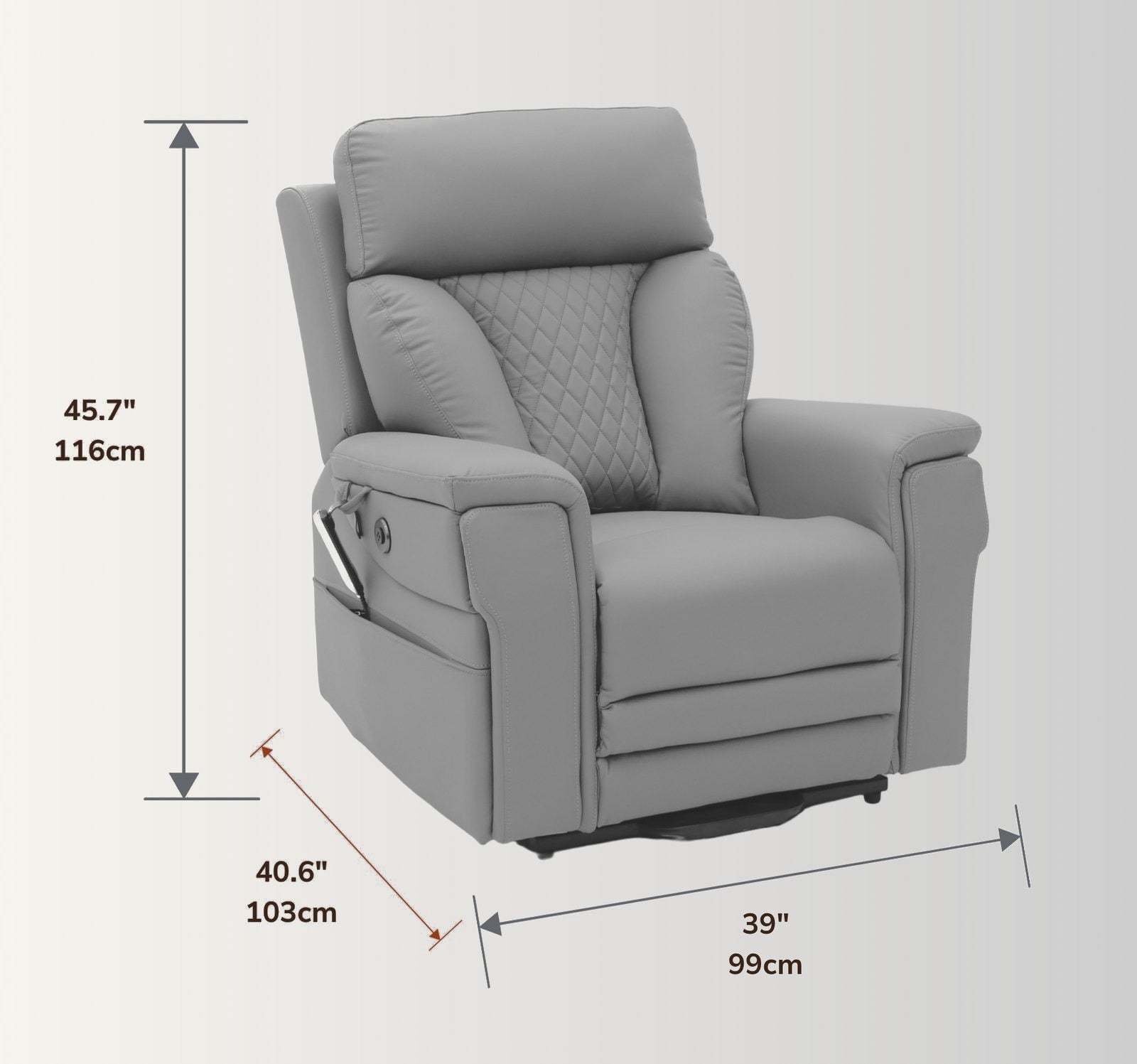 The NurtureLift™ Elevation at three-quarter view, with overall height, width and depth marked