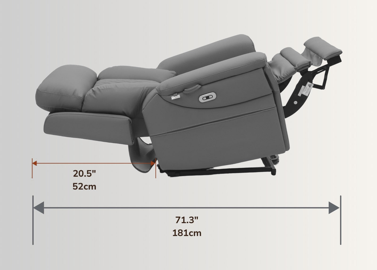 The NurtureLift™ Elevation fully reclined, with reclined length and wall clearance marked
