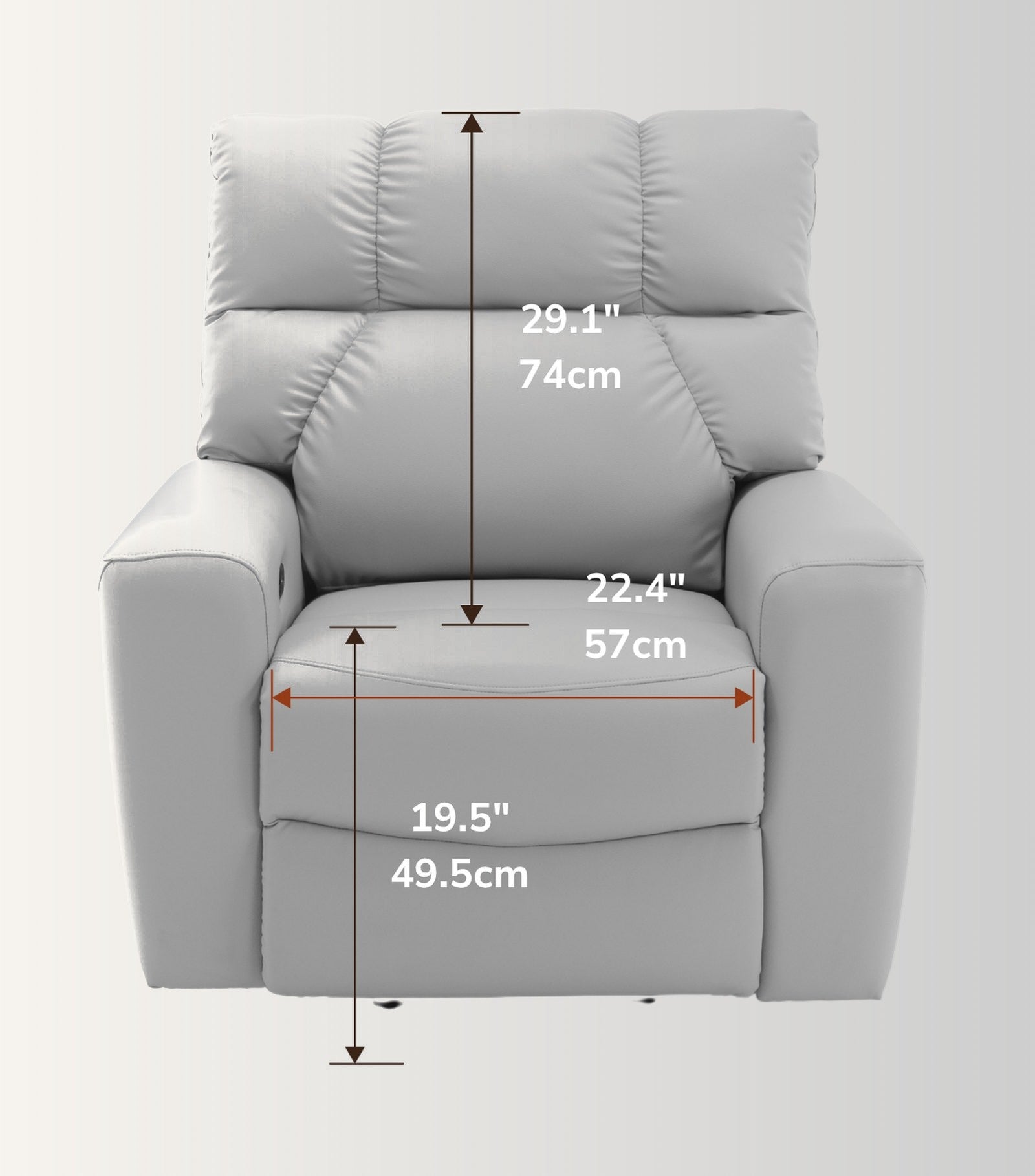 The NurtureLift™ Flow seen from the front, with seat height, back height and seat width marked
