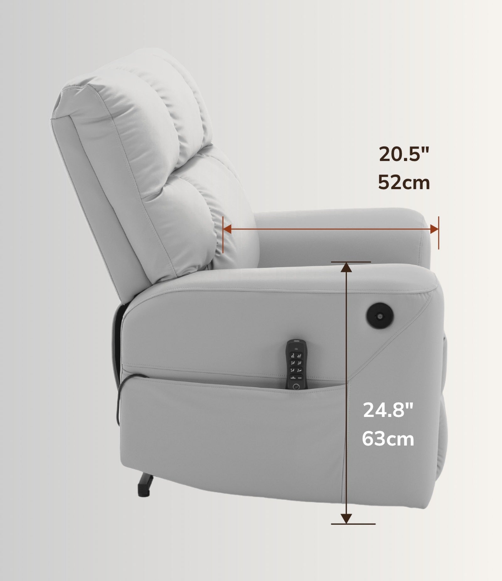 The NurtureLift™ Flow seen from the side, with seat depth and arm height marked