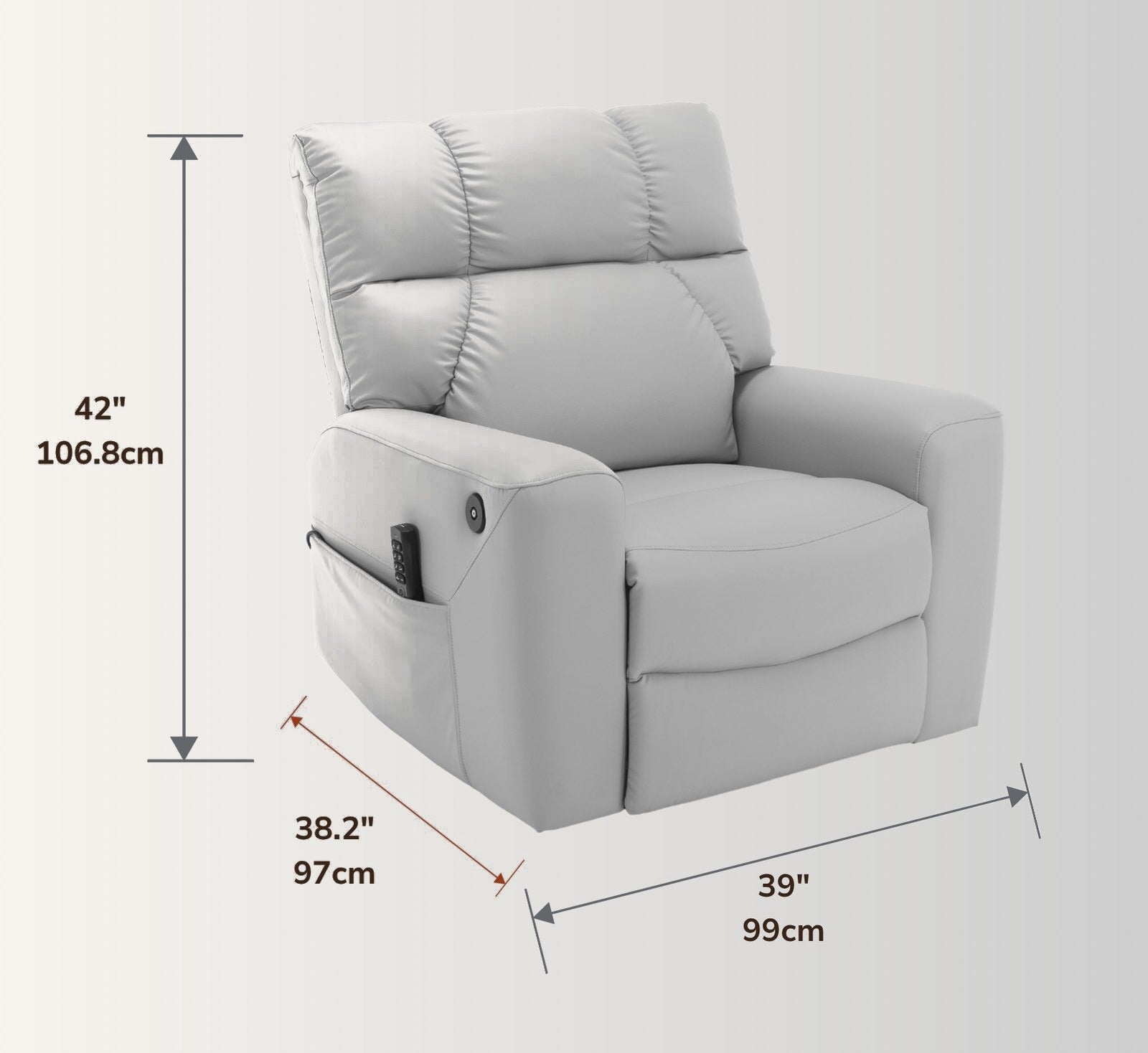 The NurtureLift™ Flow at three-quarter view, with overall height, width and depth marked