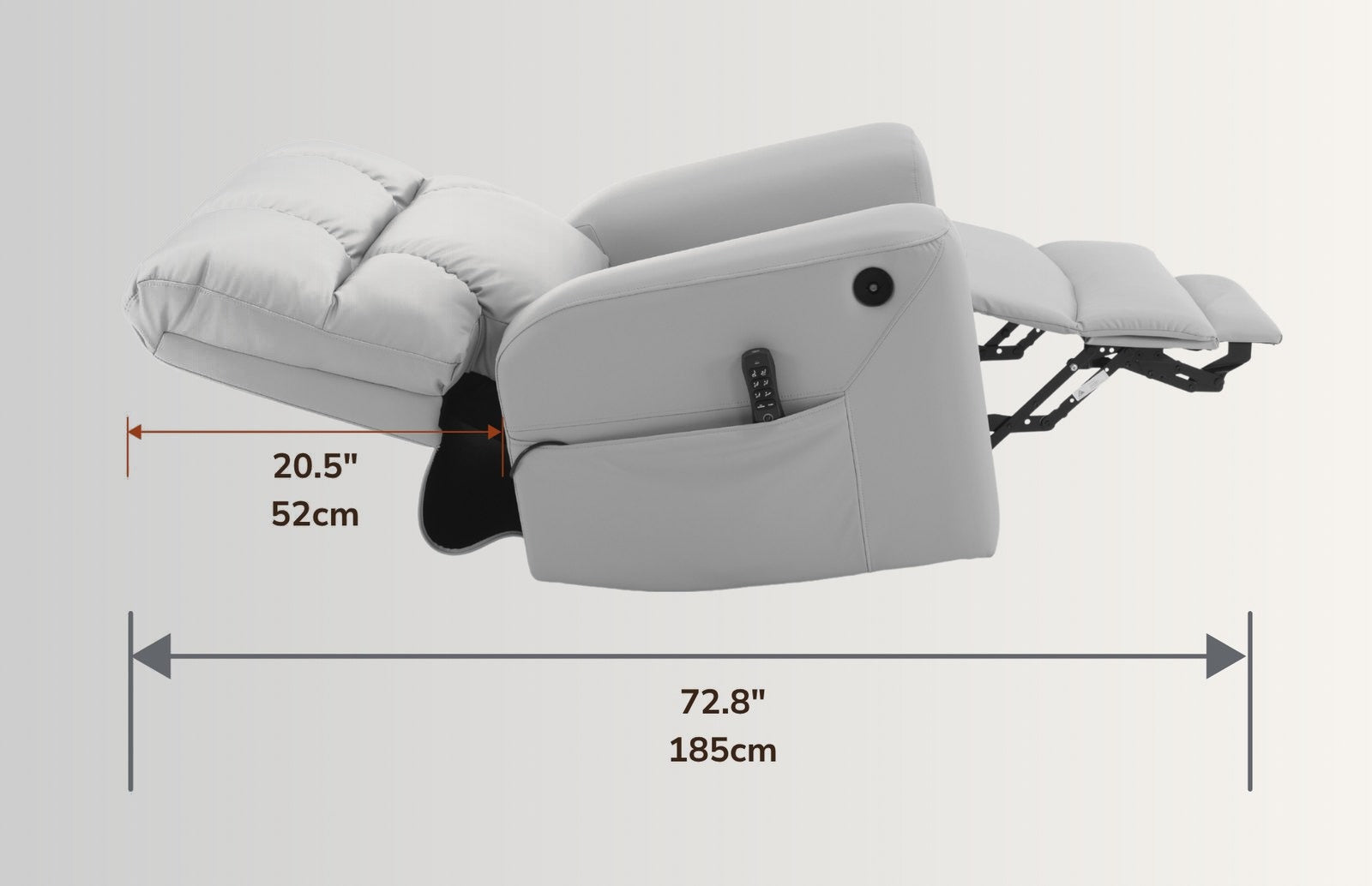 The NurtureLift™ Flow fully reclined, with reclined length and wall clearance marked