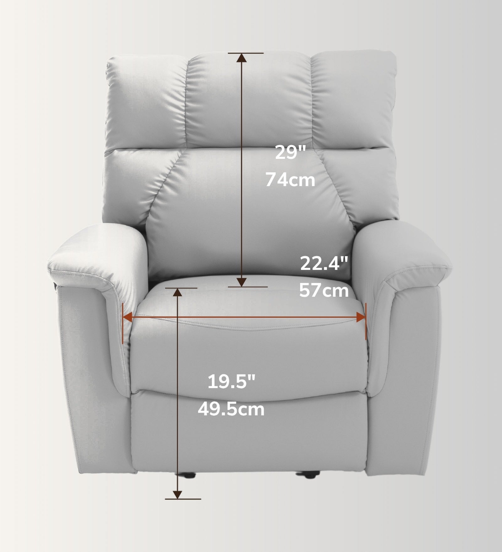 The NurtureLift™ Glide seen from the front, with seat height, back height and seat width marked
