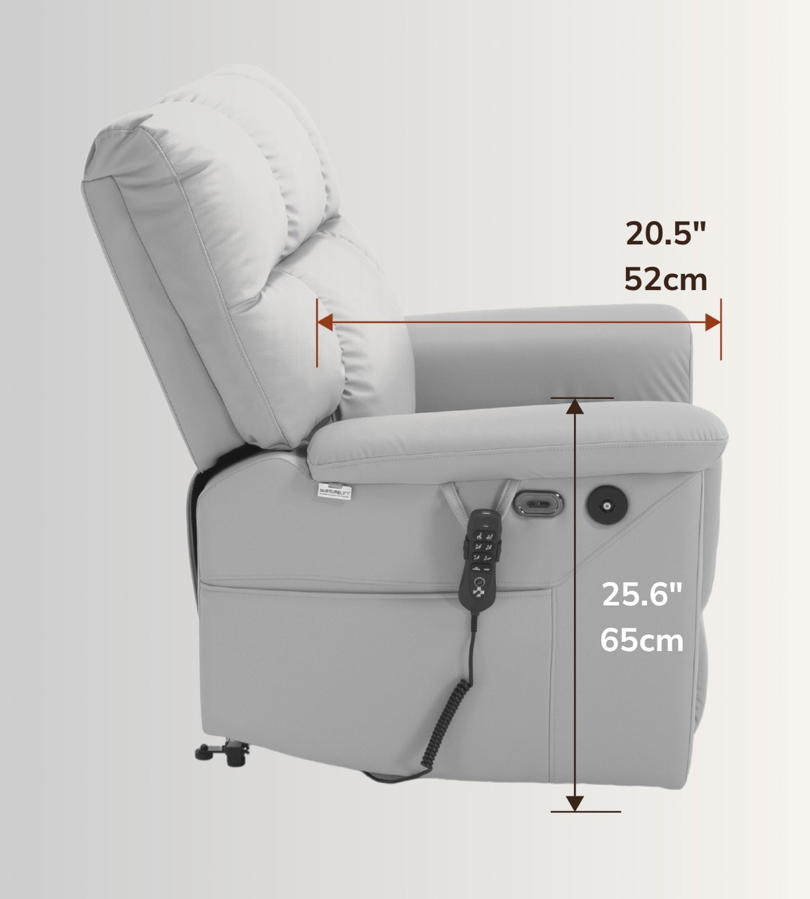 The NurtureLift™ Glide seen from the side, with seat depth and arm height marked