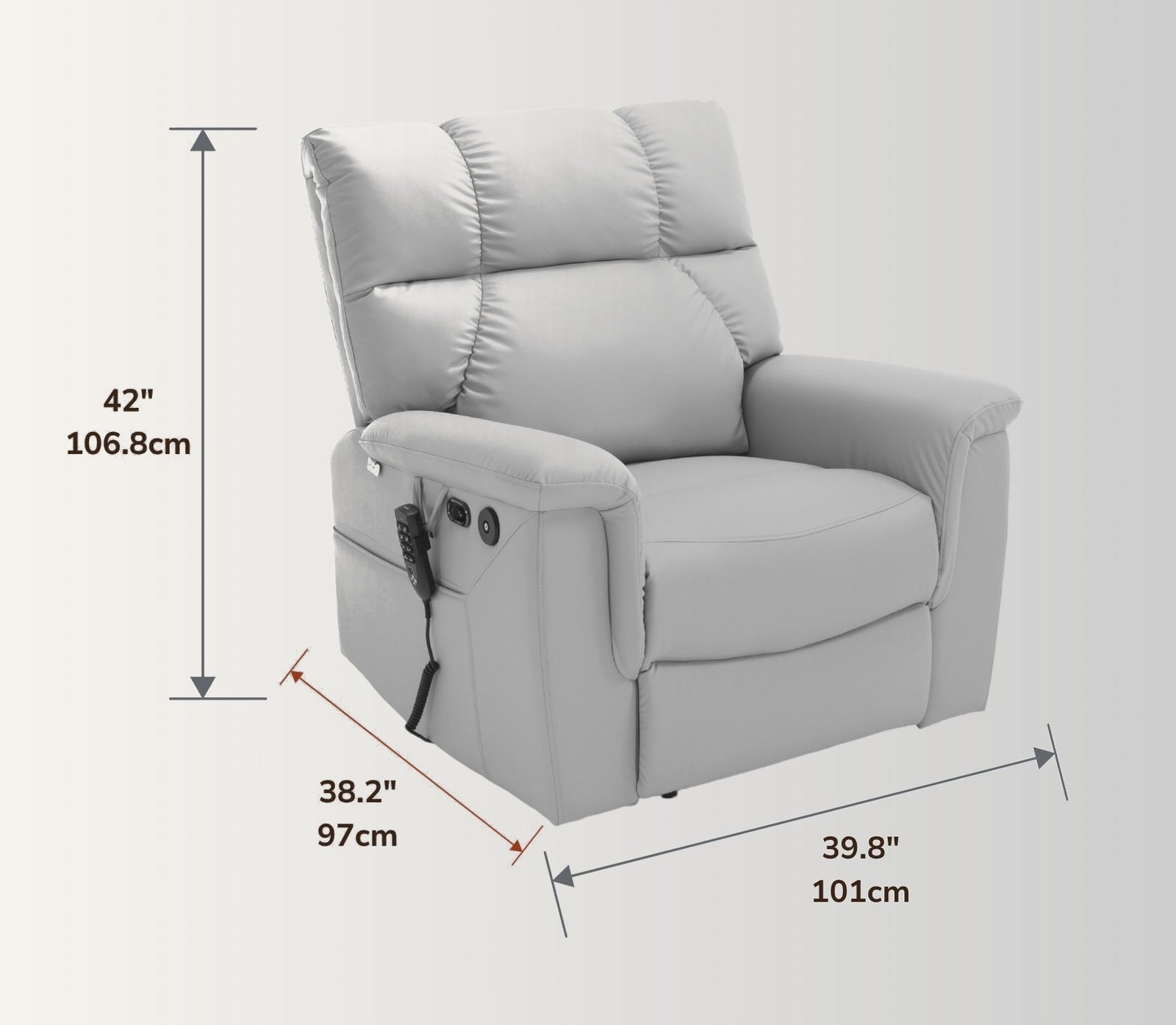 The NurtureLift™ Glide at three-quarter view, with overall height, width and depth marked