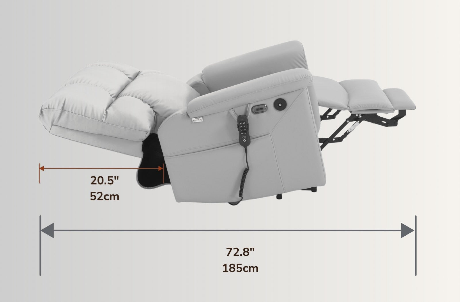 The NurtureLift™ Glide fully reclined, with reclined length and wall clearance marked