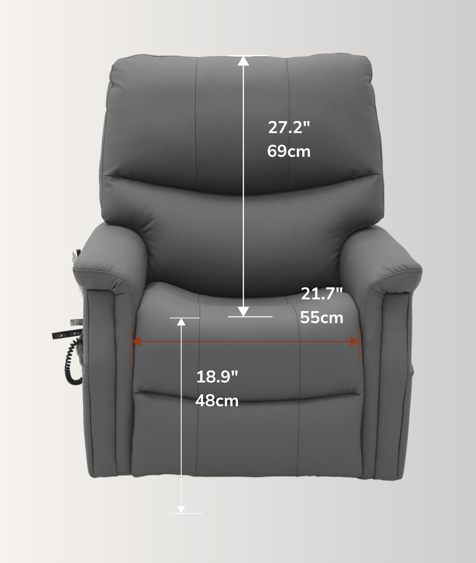 The NurtureLift™ Highland seen from the front, with seat height, back height and seat width marked