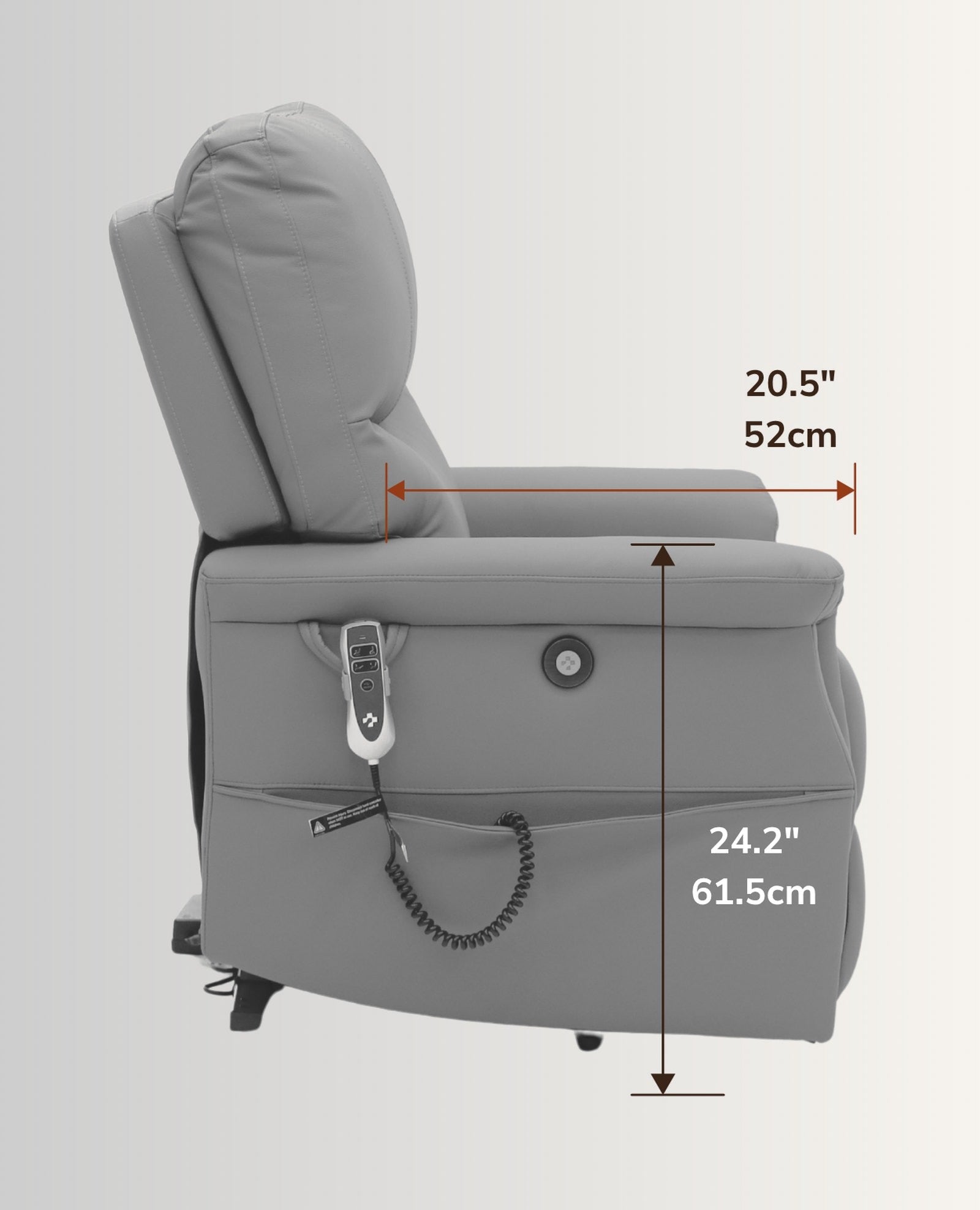 The NurtureLift™ Highland seen from the side, with seat depth and arm height marked