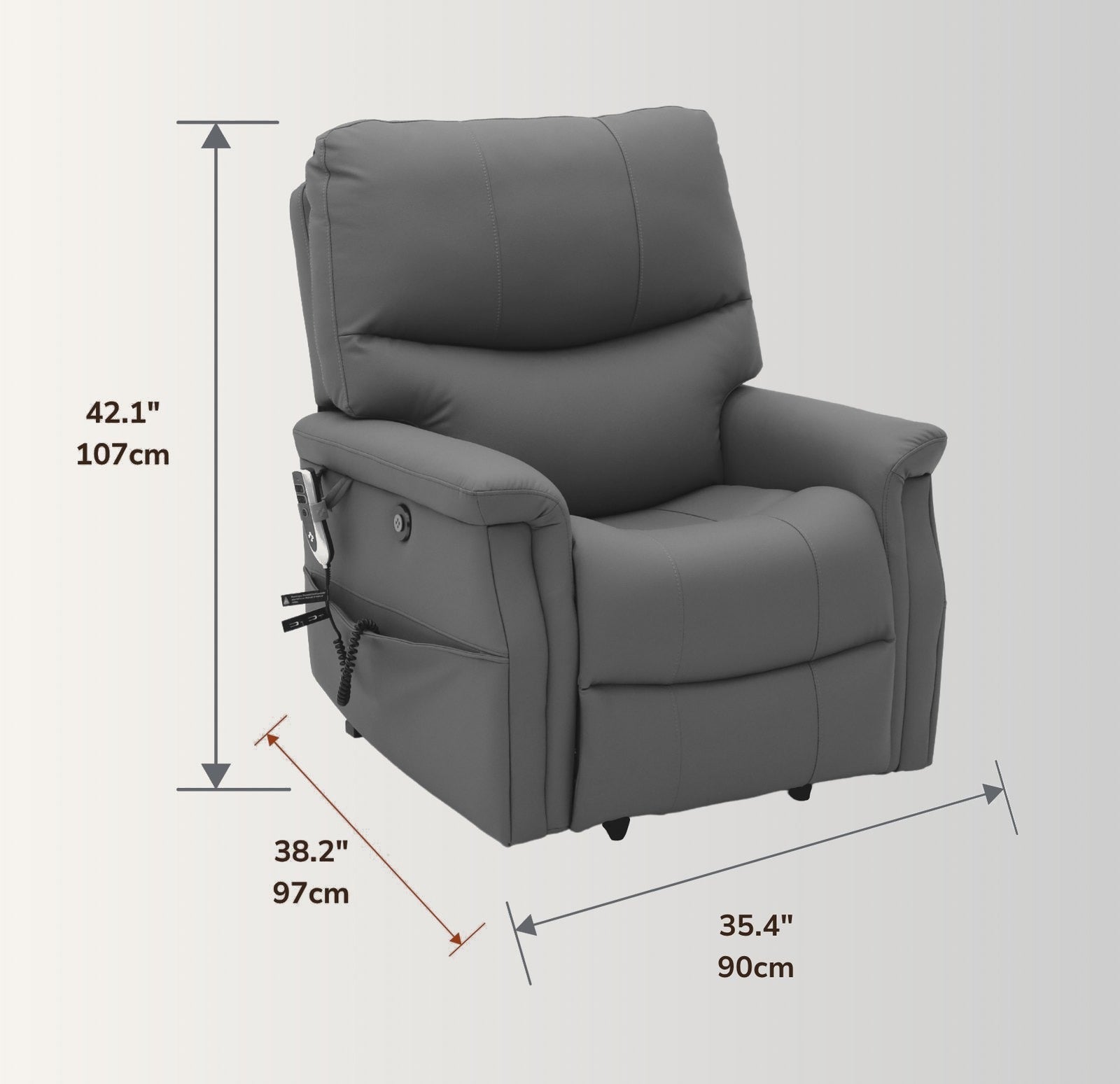 The NurtureLift™ Highland at three-quarter view, with overall height, width and depth marked