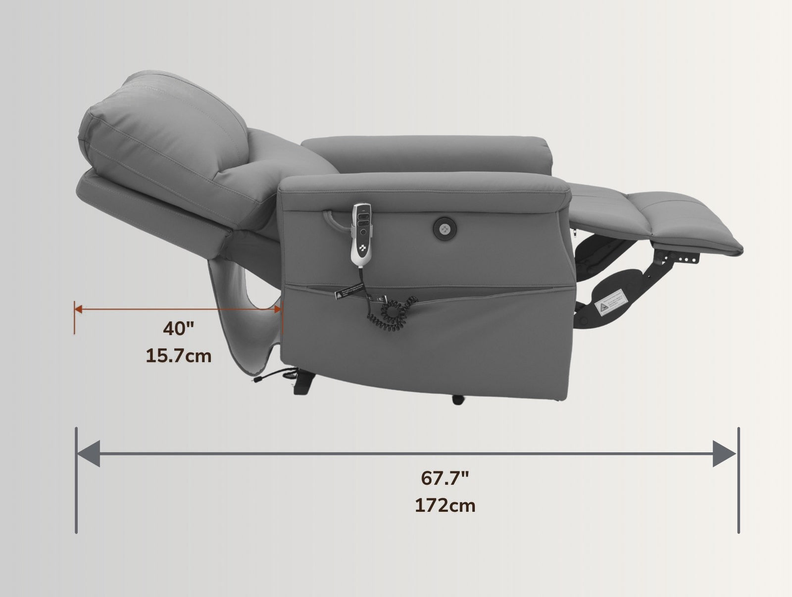 The NurtureLift™ Highland fully reclined, with reclined length and wall clearance marked