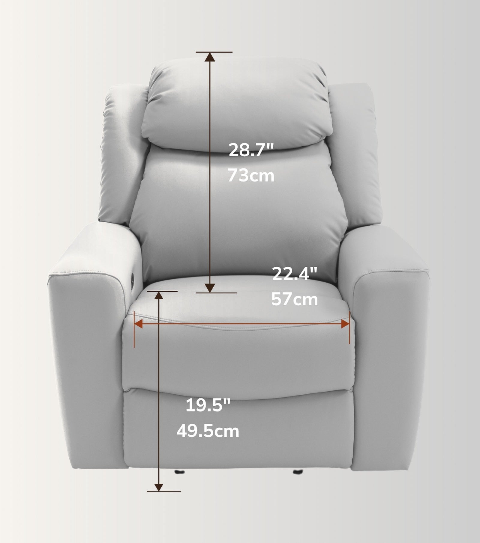 The NurtureLift™ Indulgence seen from the front, with seat height, back height and seat width marked