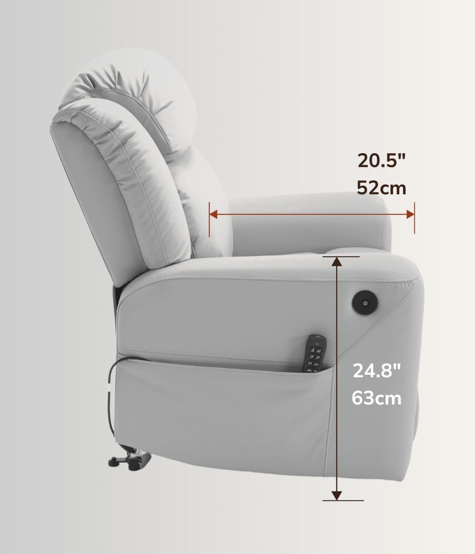 The NurtureLift™ Indulgence seen from the side, with seat depth and arm height marked