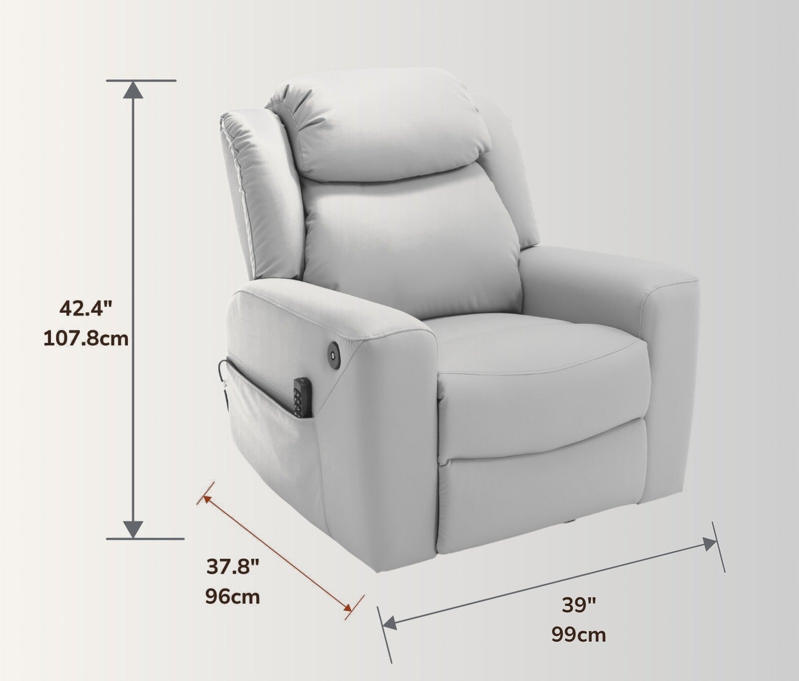 The NurtureLift™ Indulgence at three-quarter view, with overall height, width and depth marked