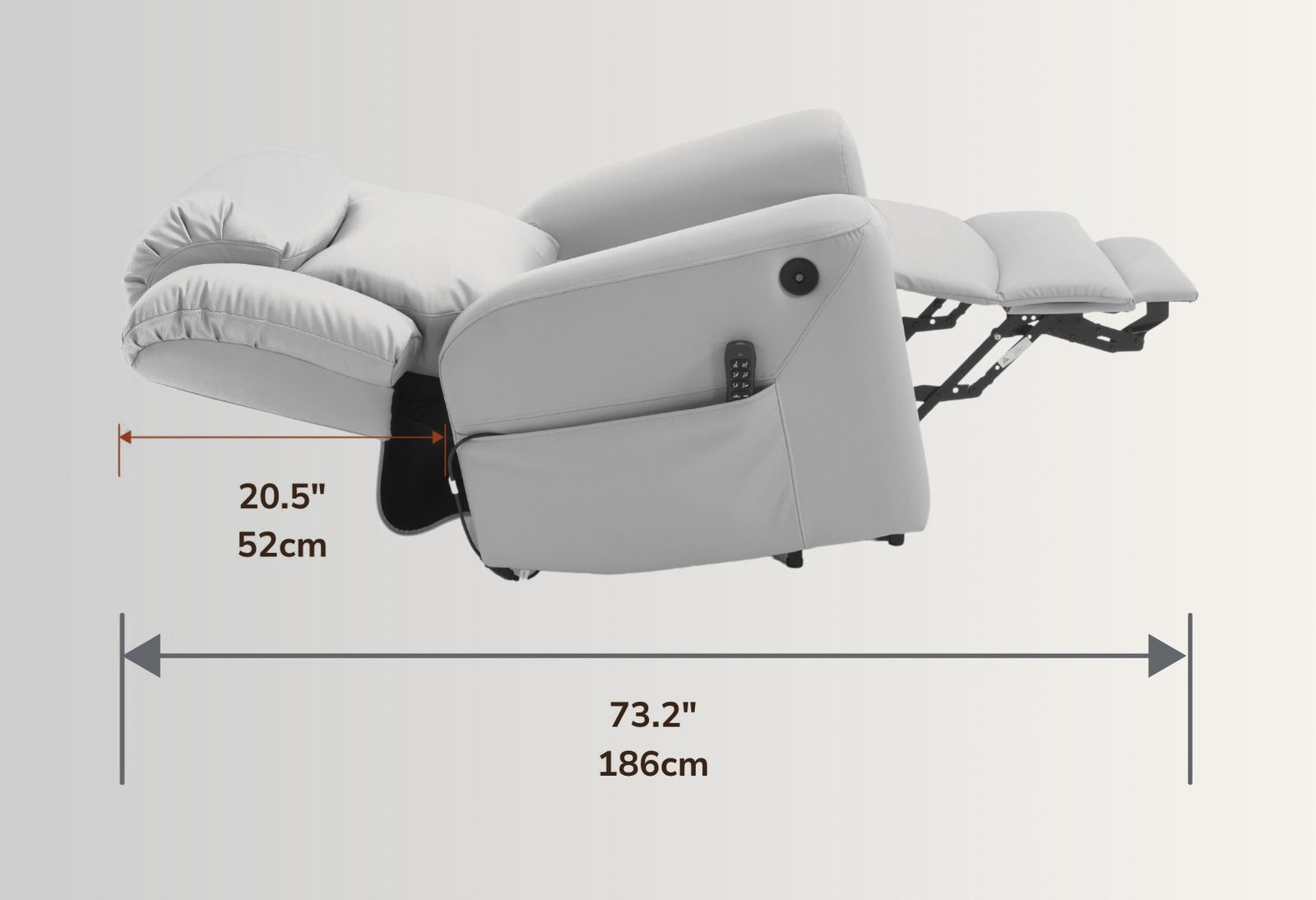 The NurtureLift™ Indulgence fully reclined, with reclined length and wall clearance marked