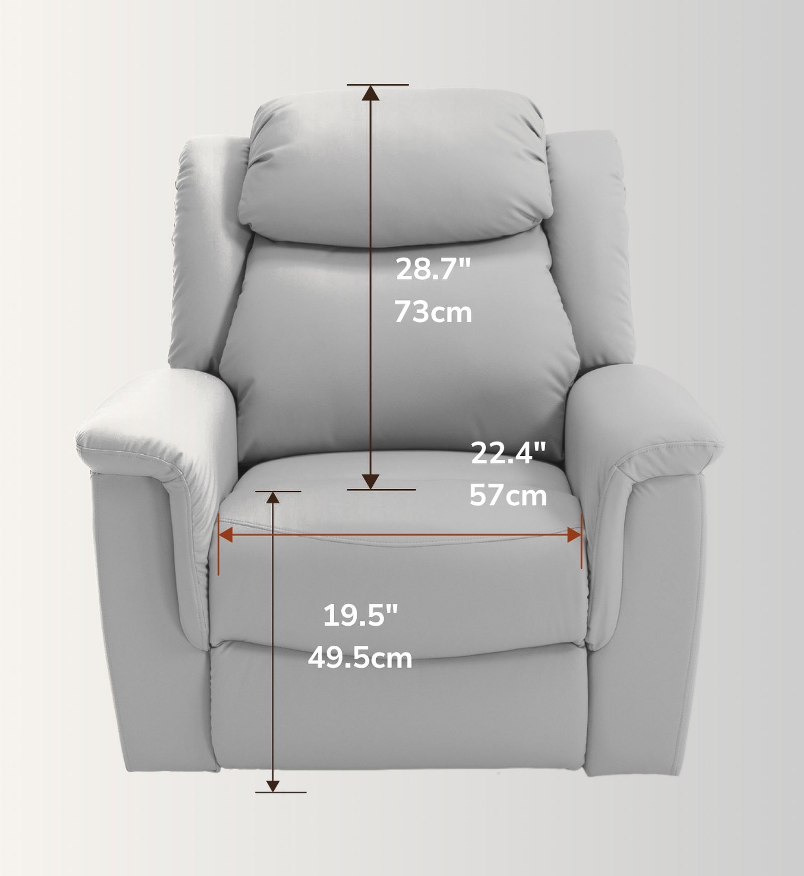 The NurtureLift™ Nestle seen from the front, with seat height, back height and seat width marked