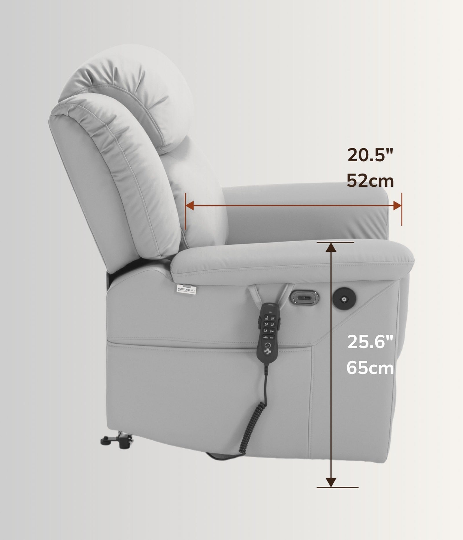 The NurtureLift™ Nestle seen from the side, with seat depth and arm height marked