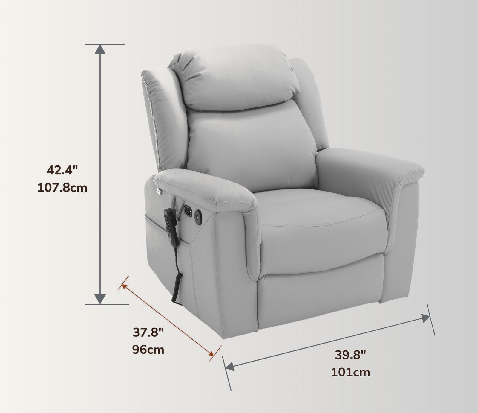 The NurtureLift™ Nestle at three-quarter view, with overall height, width and depth marked