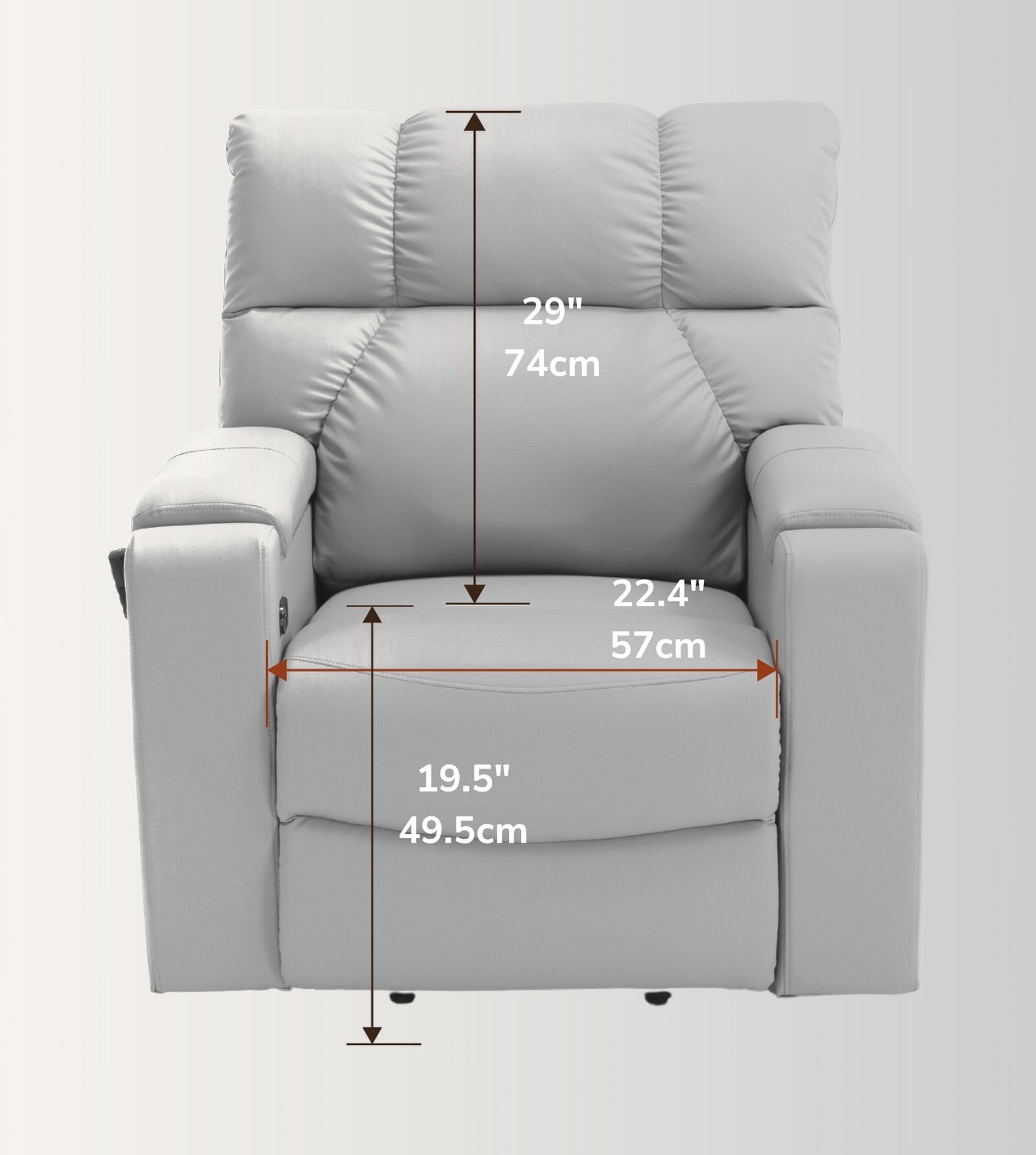 The NurtureLift™ Repose seen from the front, with seat height, back height and seat width marked