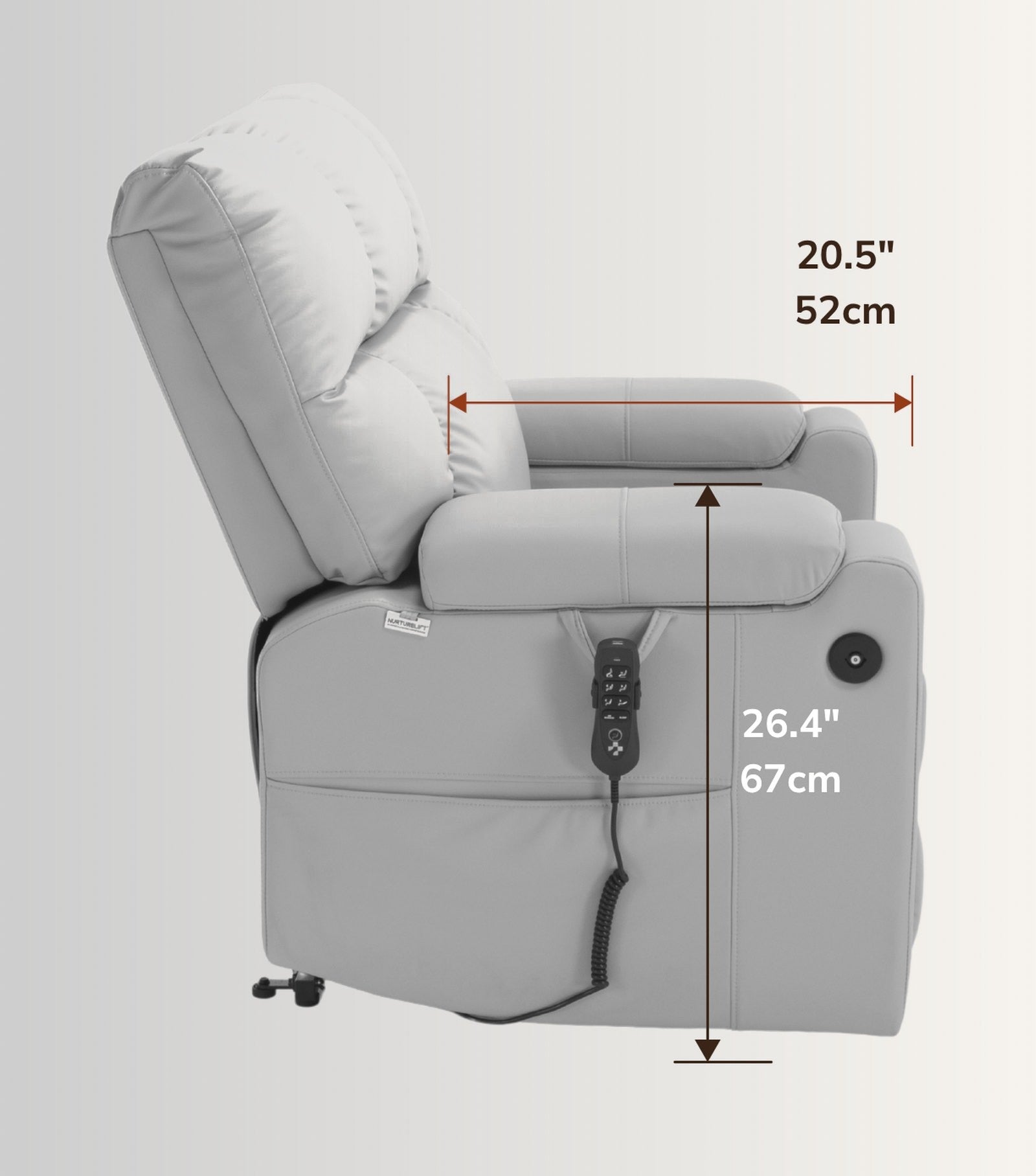 The NurtureLift™ Repose seen from the side, with seat depth and arm height marked