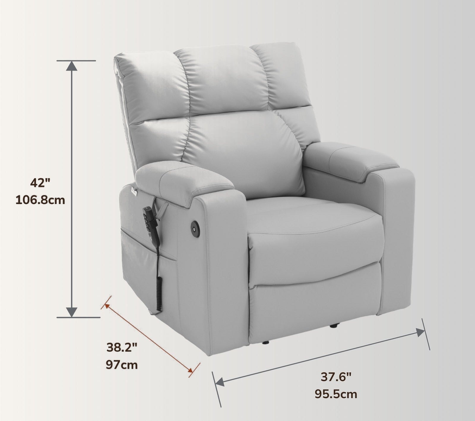 The NurtureLift™ Repose at three-quarter view, with overall height, width and depth marked