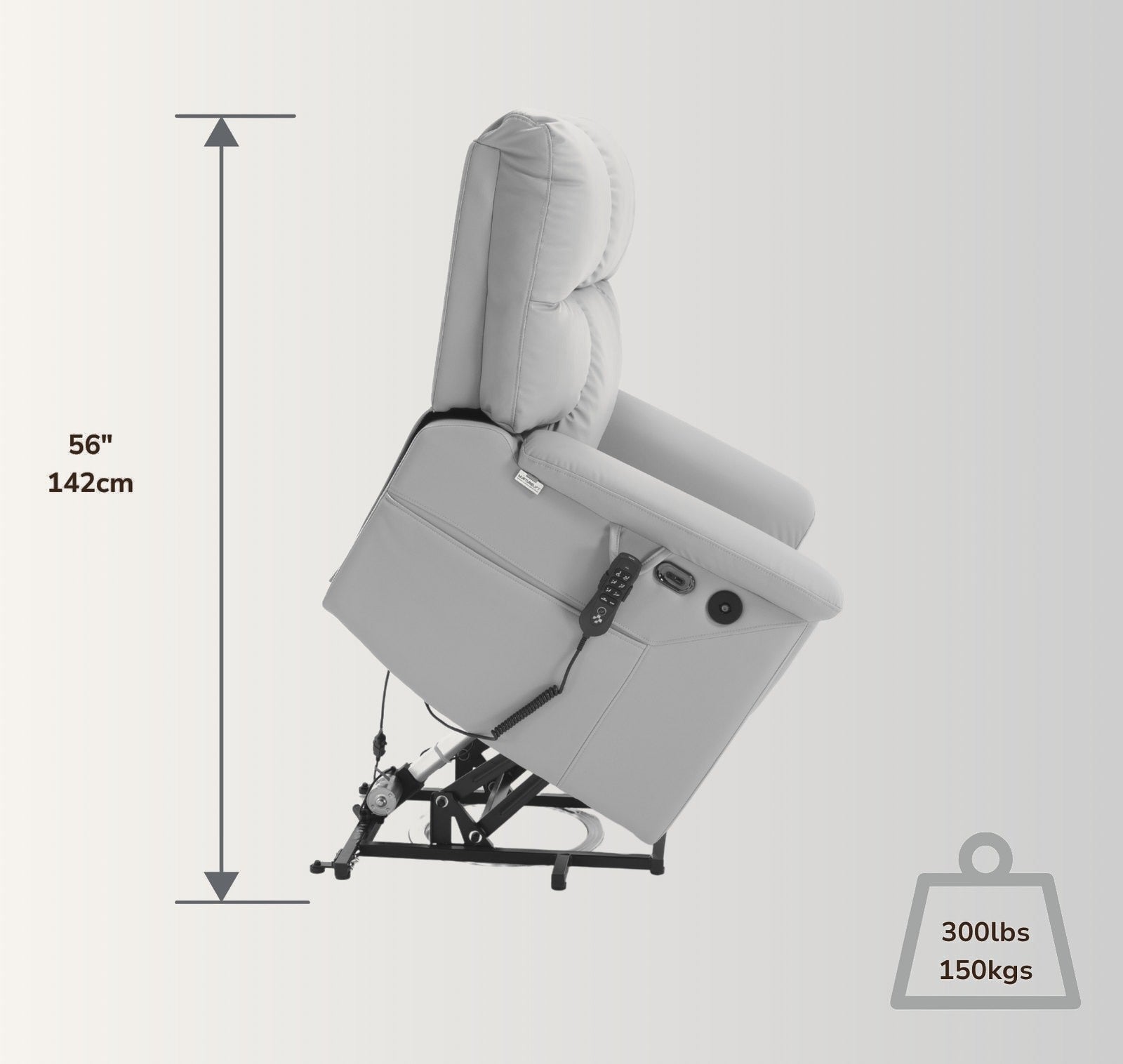 The NurtureLift™ Repose in the raised lift position, with lifted height marked