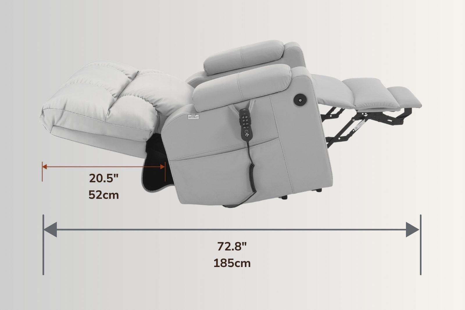 The NurtureLift™ Repose fully reclined, with reclined length and wall clearance marked