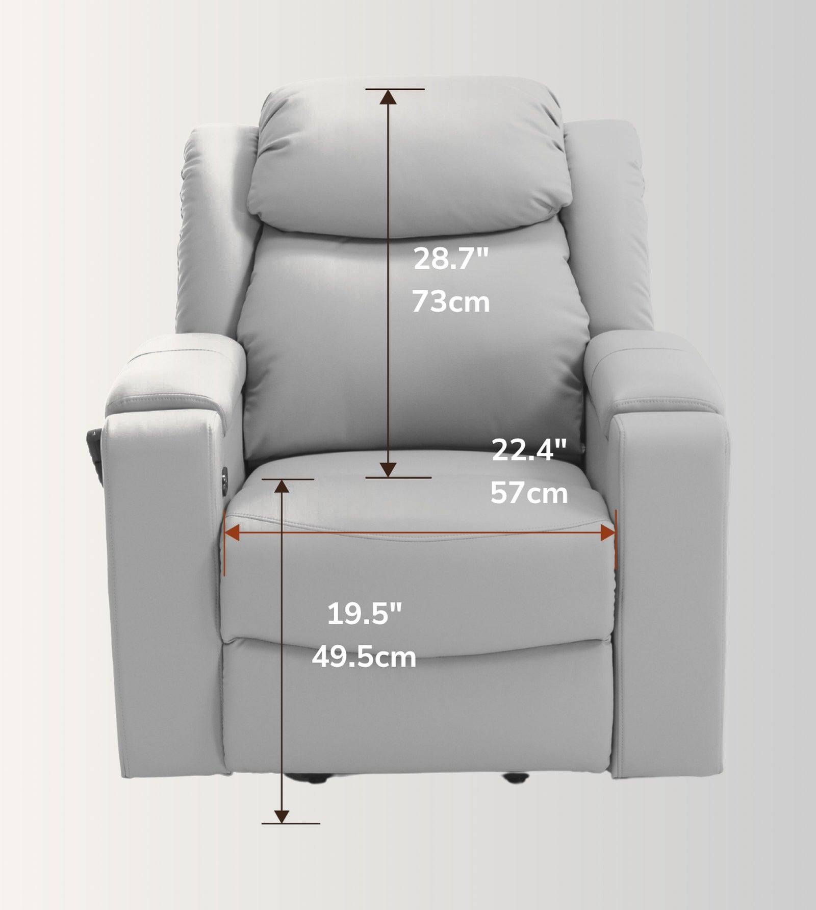 The NurtureLift™ SMOOTH seen from the front, with seat height, back height and seat width marked