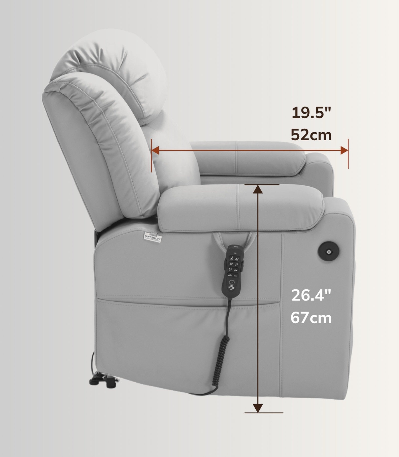 The NurtureLift™ SMOOTH seen from the side, with seat depth and arm height marked
