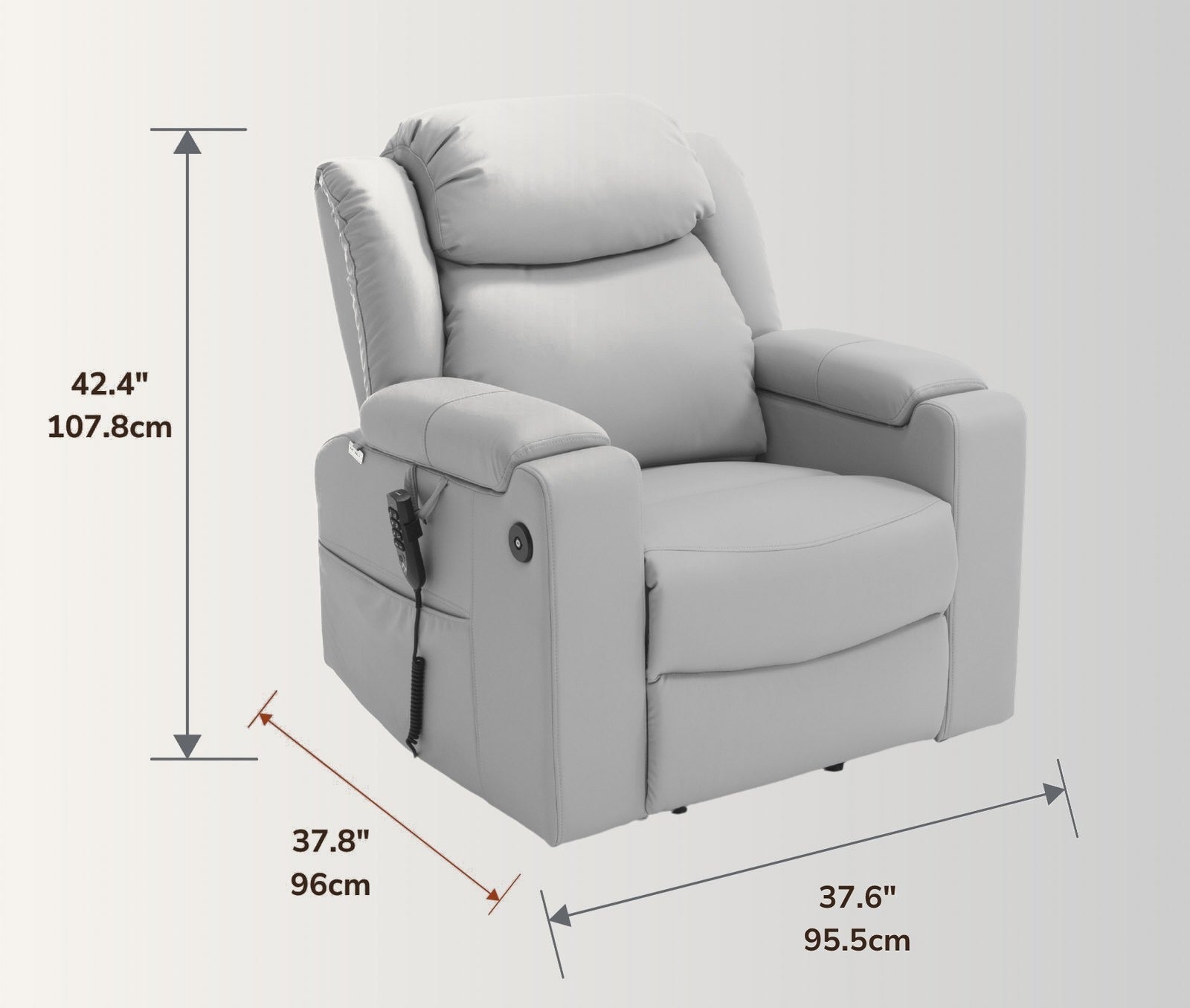 The NurtureLift™ SMOOTH at three-quarter view, with overall height, width and depth marked