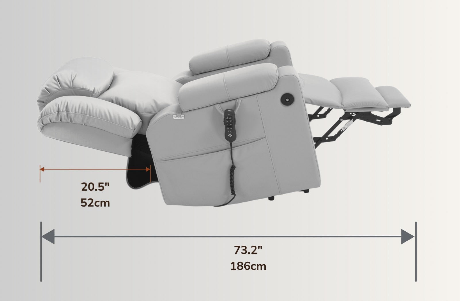 The NurtureLift™ SMOOTH fully reclined, with reclined length and wall clearance marked