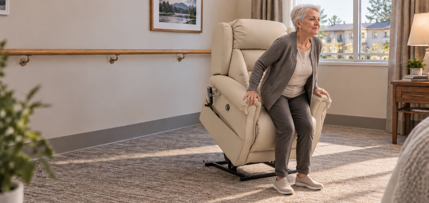 A woman rising from a cream NurtureLift lift chair in a bright, sunlit room.