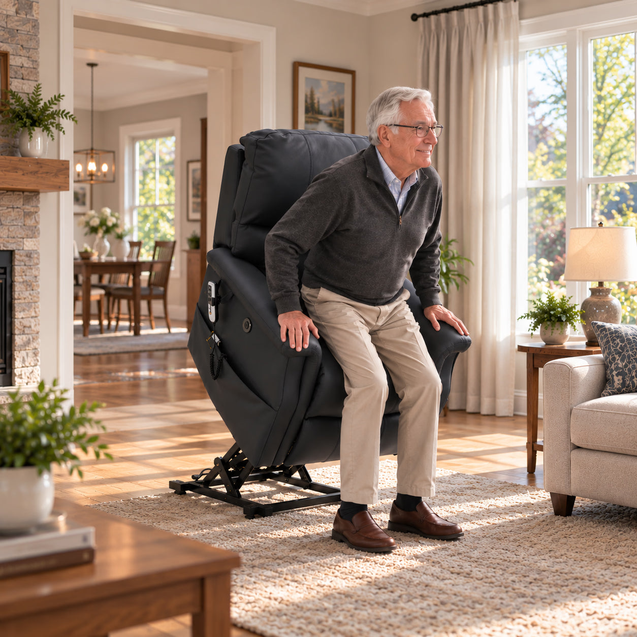 Un homme âgé se relève aisément d'un fauteuil releveur NurtureLift dans un salon ensoleillé, l'assise basculant vers l'avant pour l'accompagner