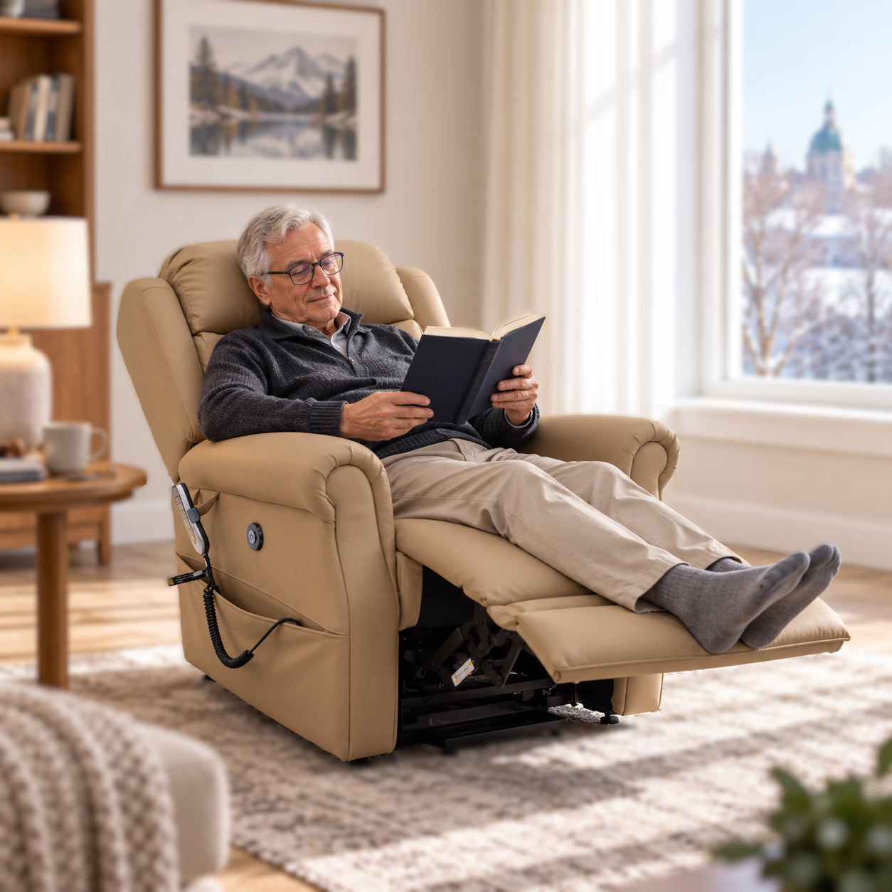 Un homme lit un livre, les jambes surélevées dans un fauteuil NurtureLift incliné