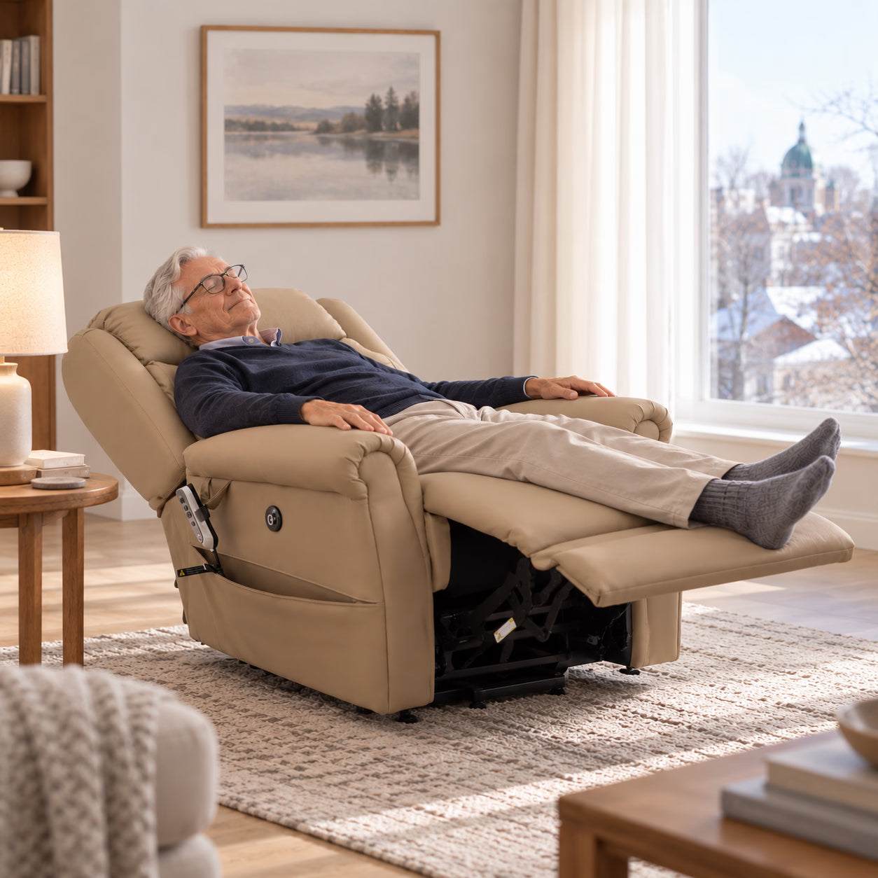 Un homme se repose dans un fauteuil NurtureLift complètement incliné, dans un salon paisible