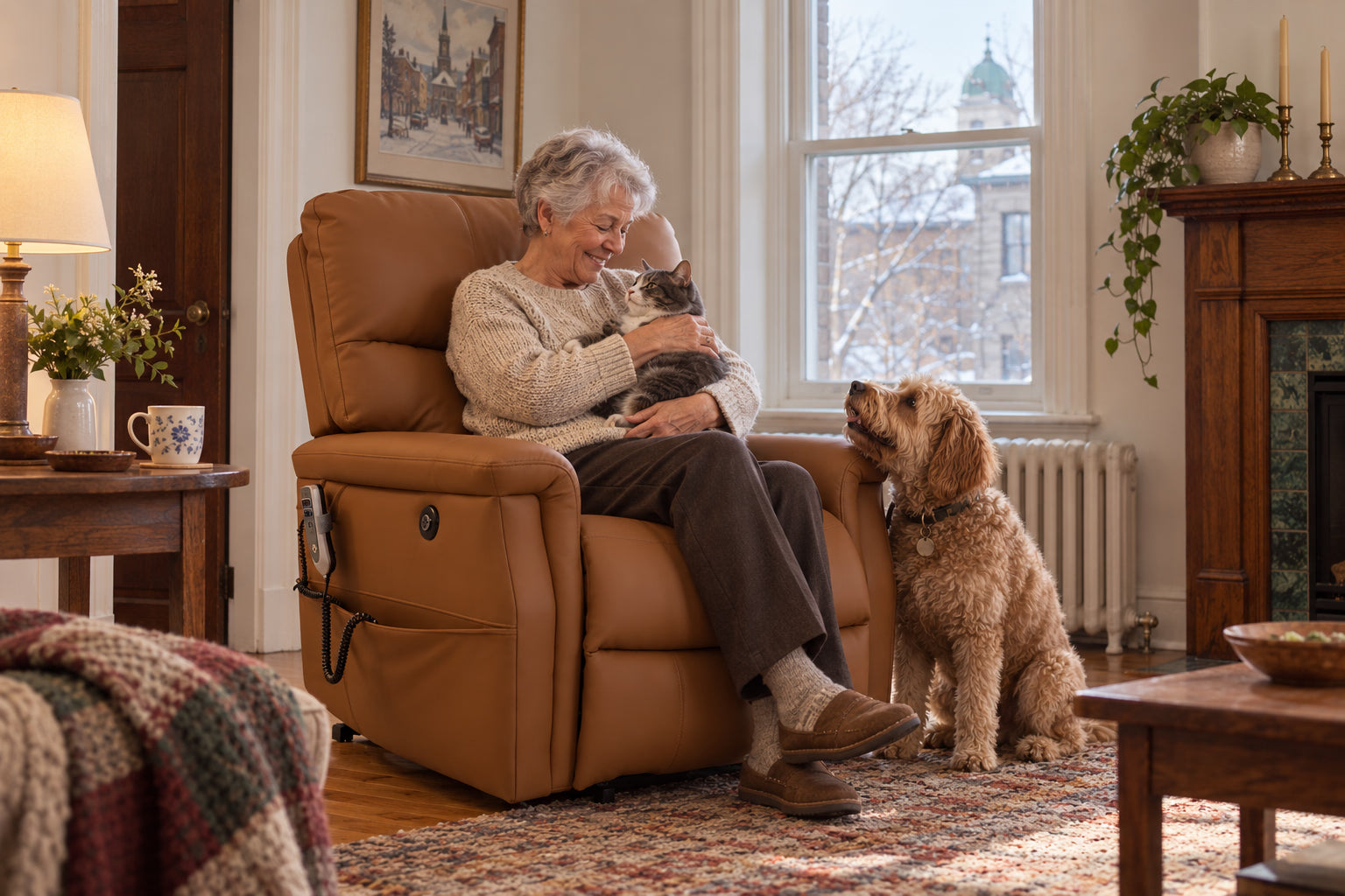 A woman sitting in an Essentia lift chair at home with her dog beside her
