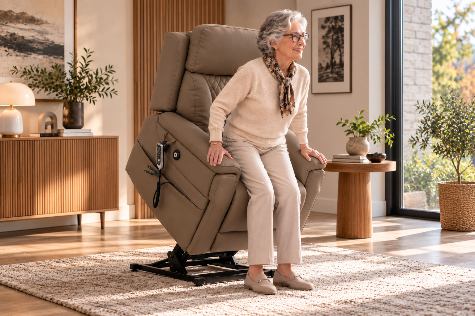 A woman rising easily from a Heritage lift chair as the seat lifts forward