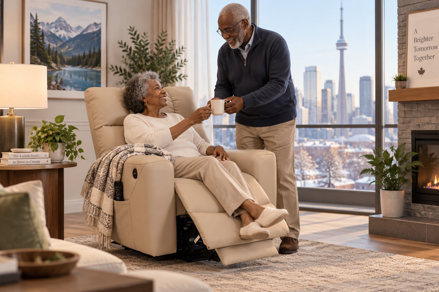 A woman relaxing in a reclined Wellness lift chair while a family member hands her a cup