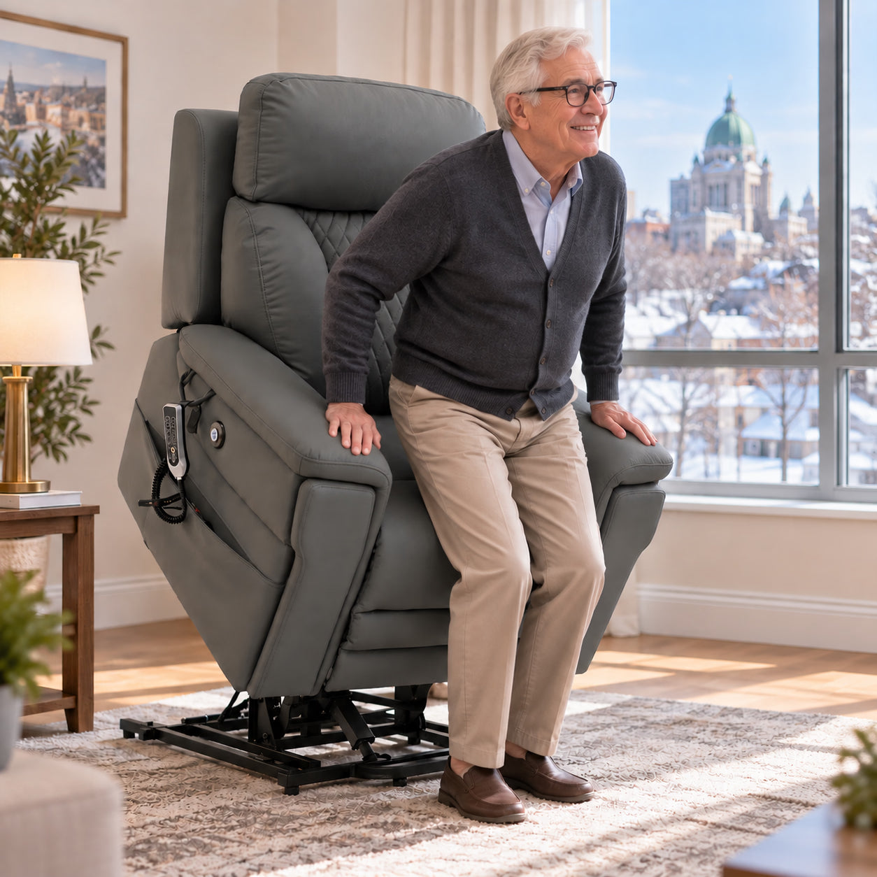 A man rising easily from a NurtureLift chair as the seat lifts and tilts forward
