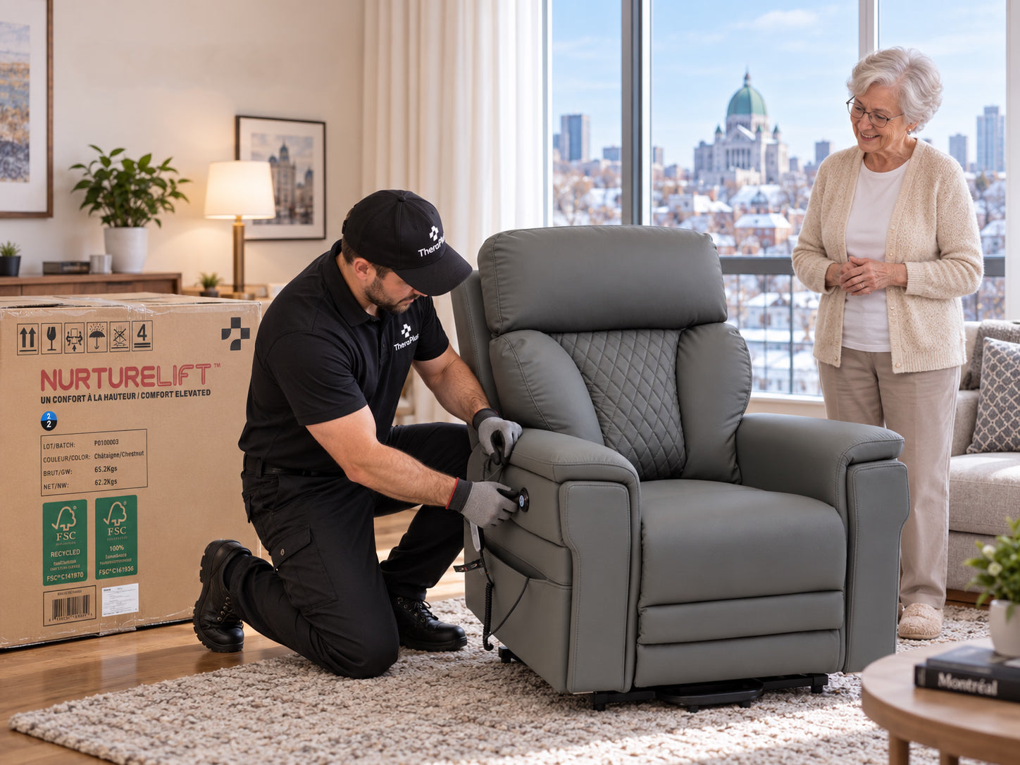 A NurtureLift delivery technician unpacking and setting up a chair in a customer's living room
