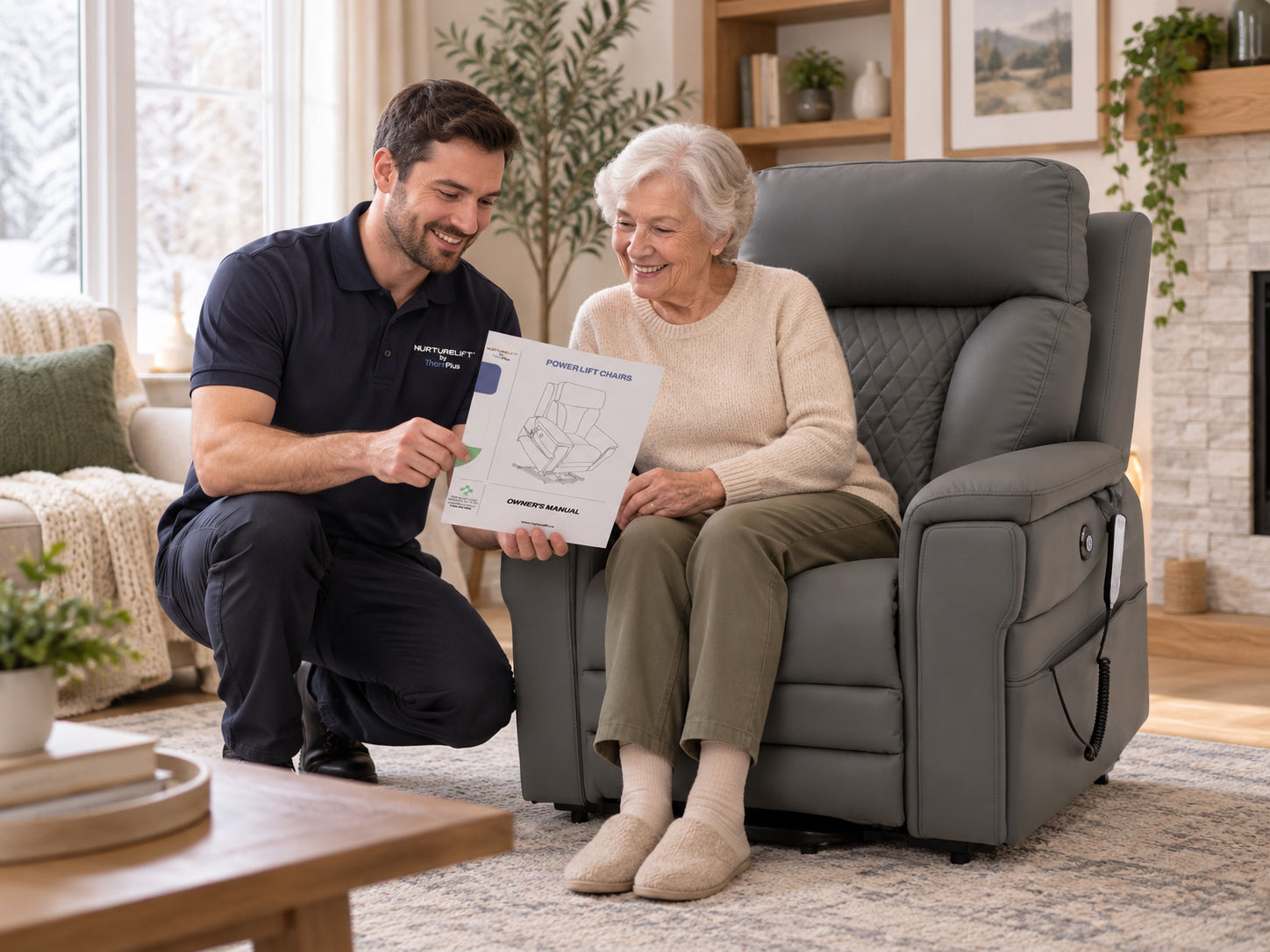 A NurtureLift advisor showing chair options to a seated customer in her own home