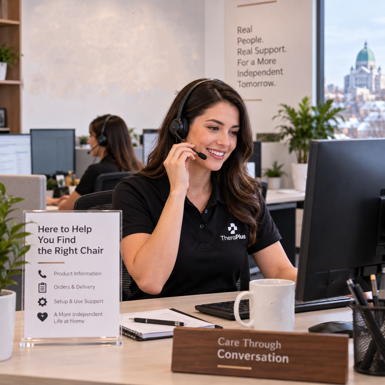 A NurtureLift support advisor wearing a headset at her desk, ready to take a call