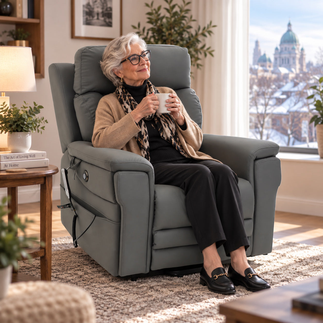 A woman sitting comfortably in a NurtureLift lift chair at home, holding a cup of tea